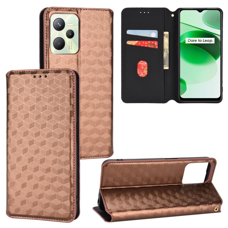 Cubic Grid Texture Flip Leather Phone Case, For Realme C35
