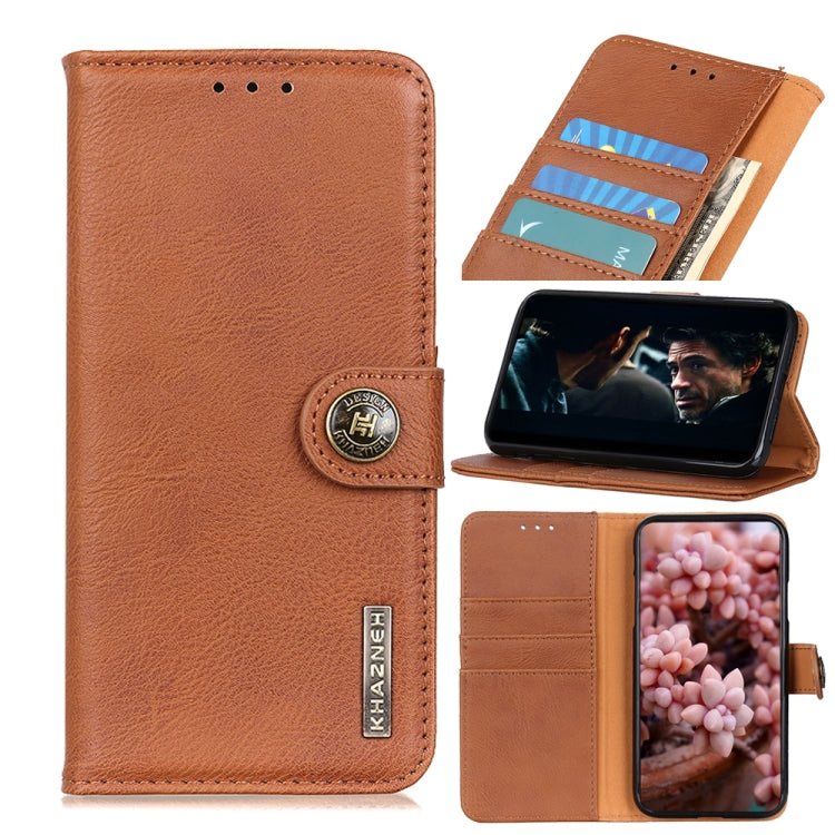 KHAZNEH brown leather flip phone case with card slots and viewing stand
