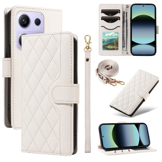 Diamond-quilted leather phone case with card slots and strap, white