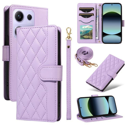 Three Card Slot Diamond Grid Leather Phone Case with Long / Short Straps, For Xiaomi Poco M6 Pro 4G Global