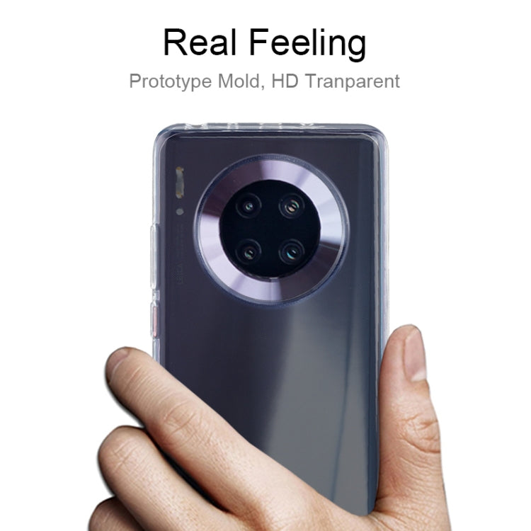Transparent TPU phone case on a hand, showing camera module cutout