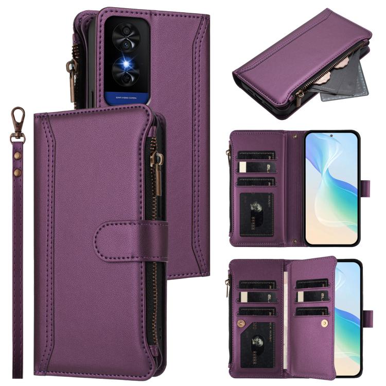 Magnetic Closure 9 Card Slots Zipper Leather Case with Hand Strap, For TCL K70 Power 4G / K70 4G, For TCL Nxtpaper 70 Pro 5G, For TCL K32 5G / K33 5G, For TCL 30Z / 30 LE, For TCL 40 XL / 40 T, For TCL 50 LE 5G / K23 / K24, For TCL 50 Pro NxtPaper / P1...