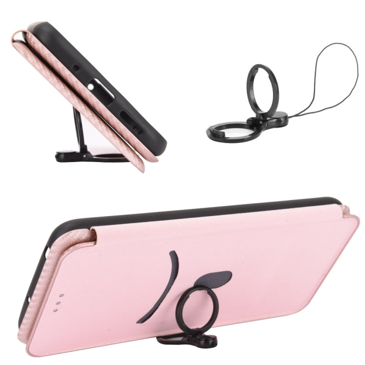 Pink carbon fiber flip phone case with lanyard, open flip and stand view