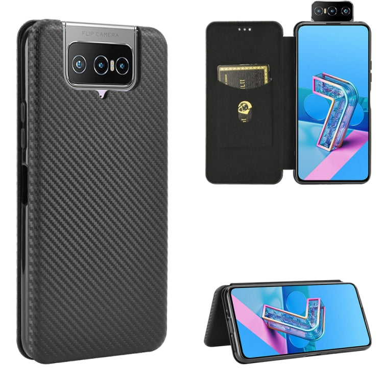 Magnetic flip phone case with dark carbon fiber texture, card slot, and lanyard strap.