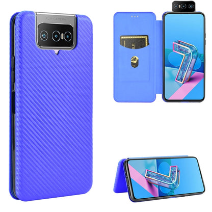 Magnetic flip phone case with blue-purple carbon fiber texture, card slot, and lanyard.