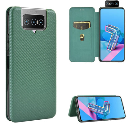 Magnetic flip phone case with green carbon fiber texture, card slot, and lanyard.