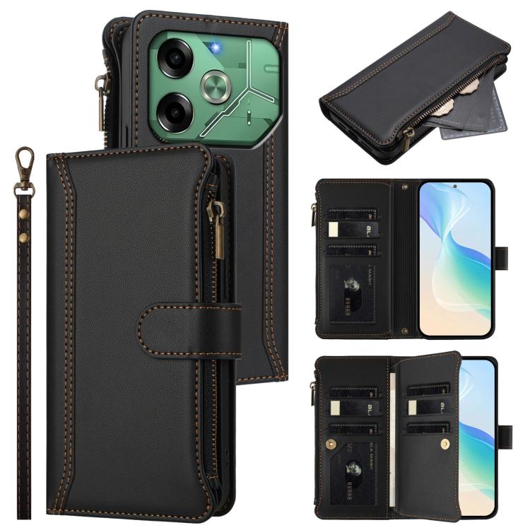Magnetic Closure 9 Card Slots Zipper Leather Case with Hand Strap, For Tecno Spark 10 Pro Magic Magenta, For Tecno Pova 6 Neo, For Tecno Pova 6 4G, For Tecno Pova 6 5G / 6 Pro 5G, For Tecno Camon 30 Pro 5G, For Tecno Camon 30 Premier                   ...