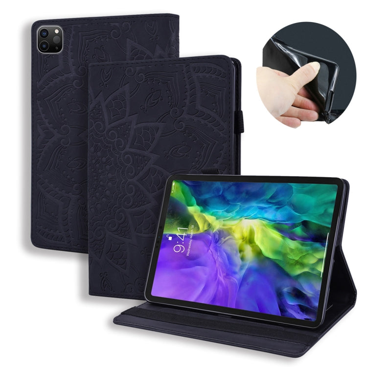 Embossed leather tablet flip case with stand, holding straps and card slots; black