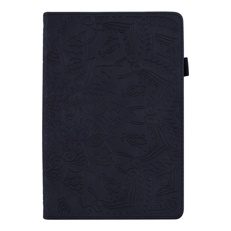 Embossed leather tablet flip case, black textured cover with secure strap; tablet size