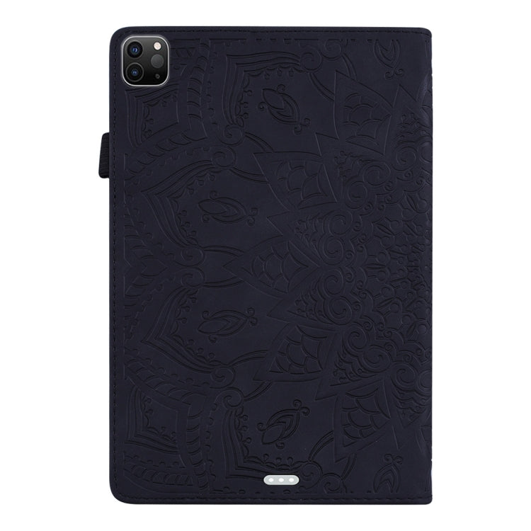Black embossed leather tablet case with camera cutout and flip cover; textured pattern