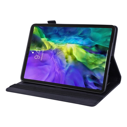 Embossed leather tablet flip case with stand, black textured front; device shown