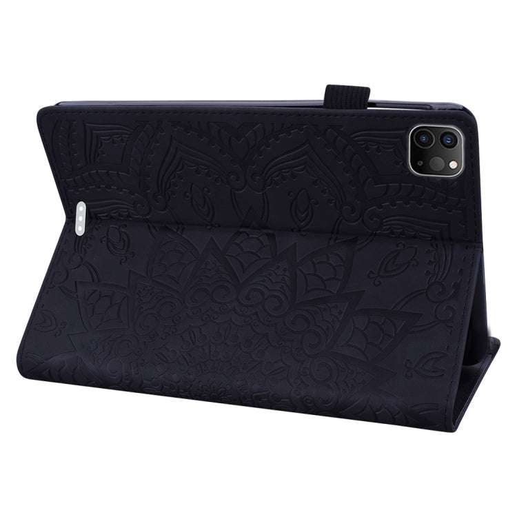 Black embossed leather tablet flip case with camera cutout, flip strap, and stand; textured