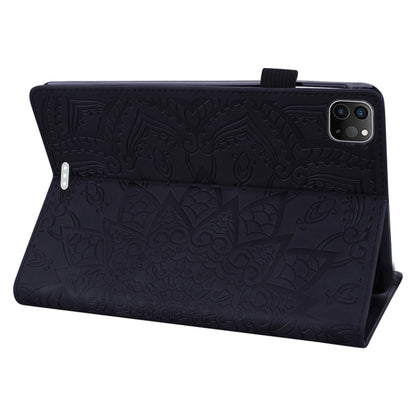 Black embossed leather tablet flip case with camera cutout, flip strap, and stand; textured