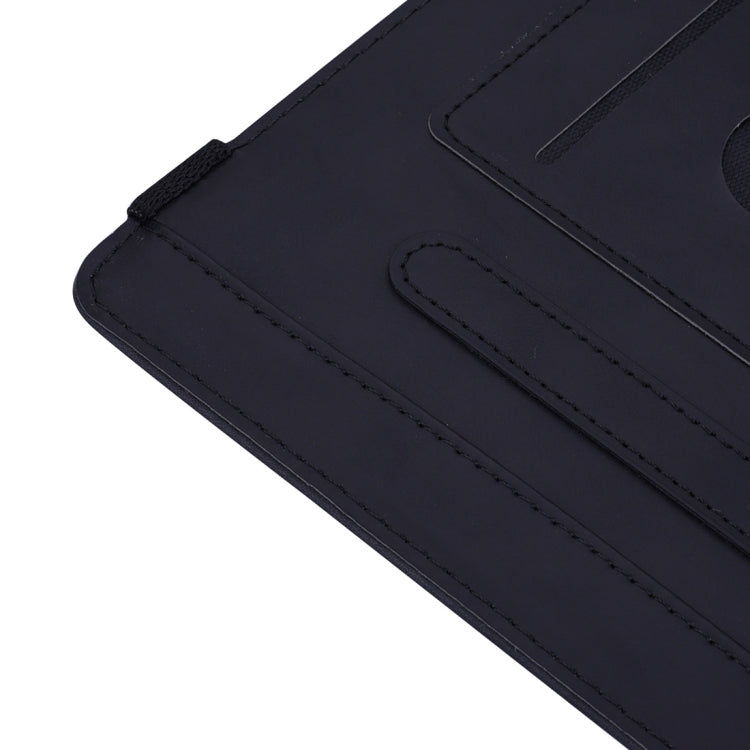 Black embossed leather tablet case with stitched edge and strap; close-up detail