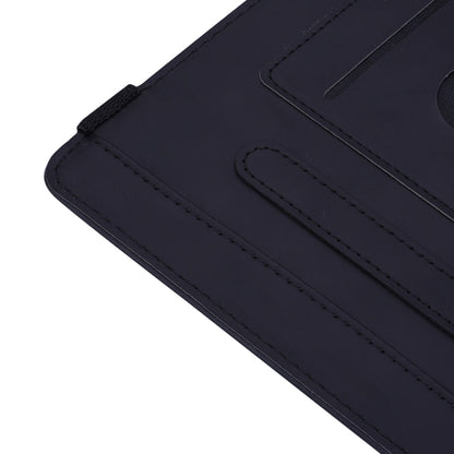 Black embossed leather tablet case with stitched edge and strap; close-up detail