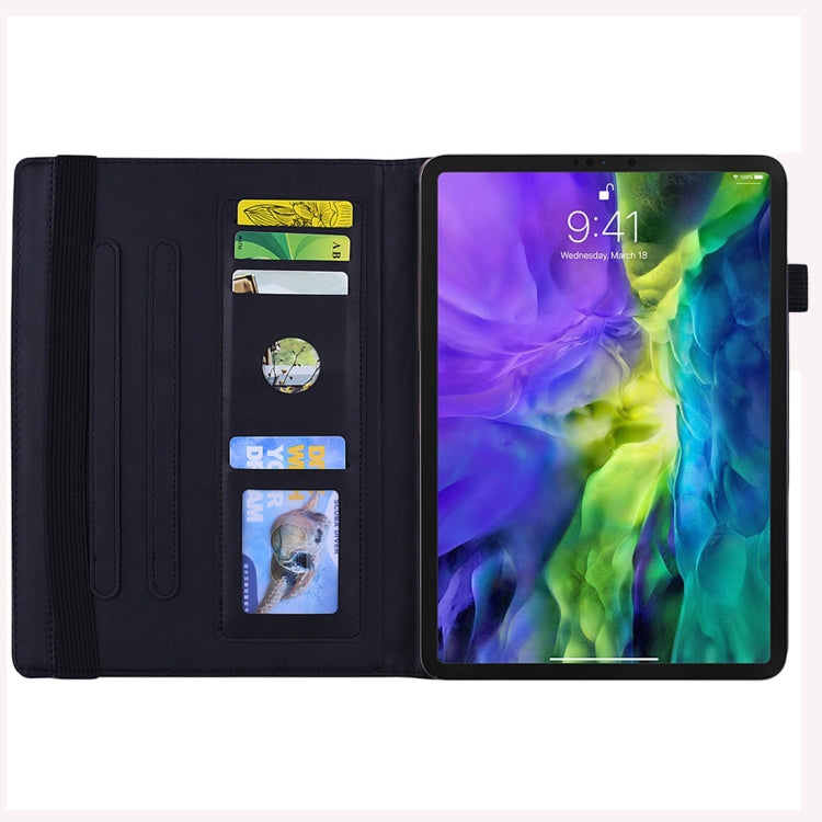 Black leather tablet flip case interior with card slots and viewing stand; embossed cover