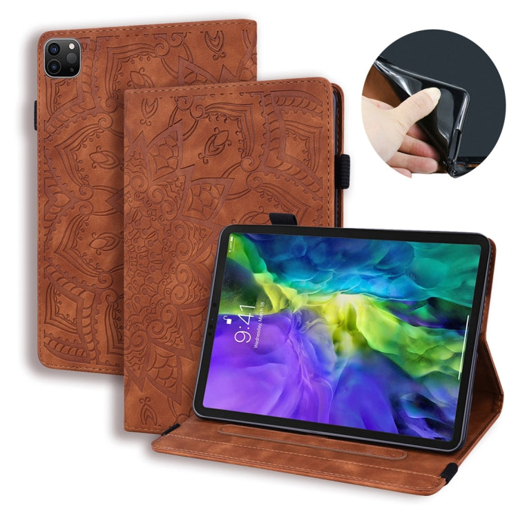 Brown embossed leather tablet flip case with stand and card slots; device shown