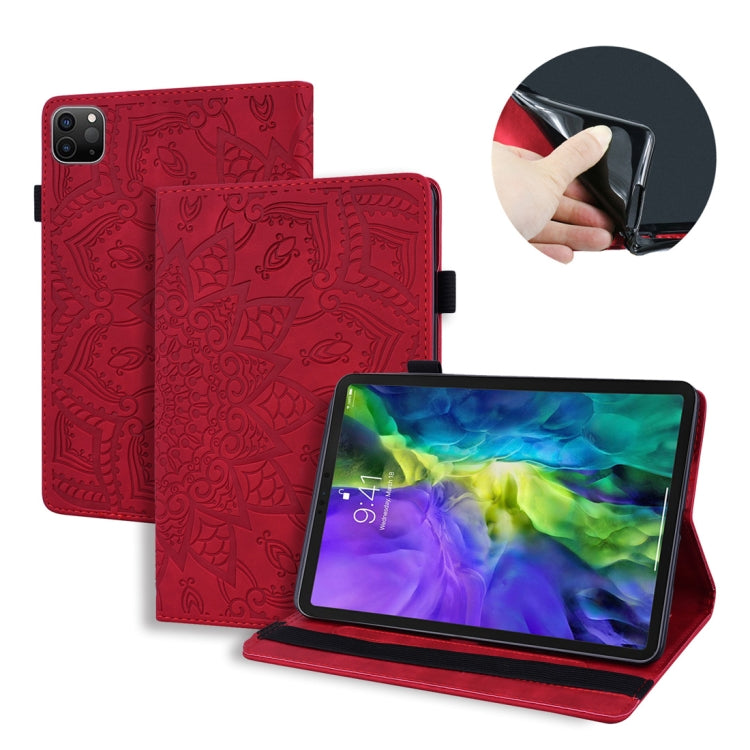 Red embossed leather tablet flip case with stand and card slots; device shown