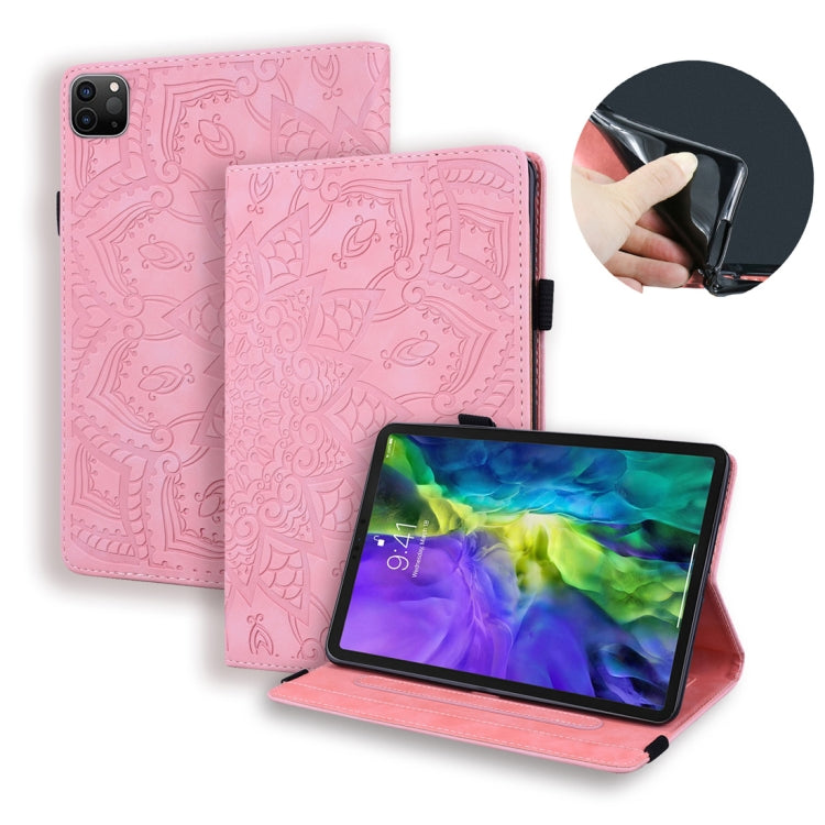 Pink embossed leather tablet flip case with stand and card slots; device shown