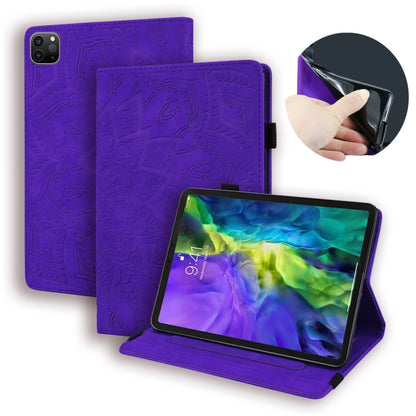 Purple embossed leather-style iPad case with flip cover, stand, card slots, photo frame holder