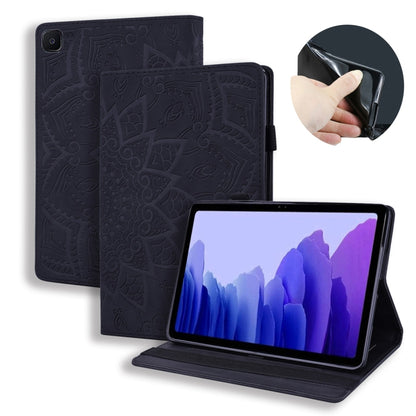 Black embossed leather-style tablet case with flip cover, kickstand, card slots, photo frame holder