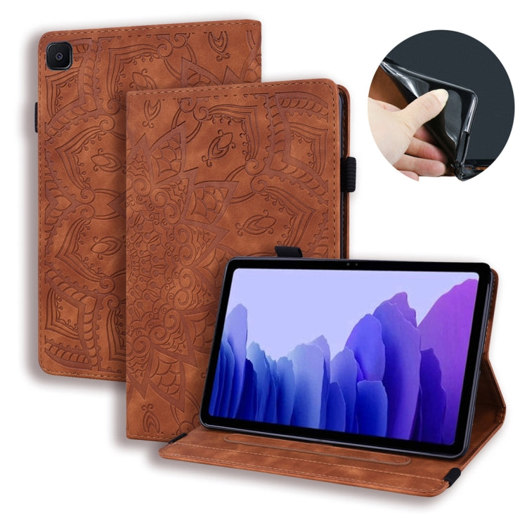 Brown embossed leather-style tablet case with flip cover, kickstand, card slots, photo frame holder