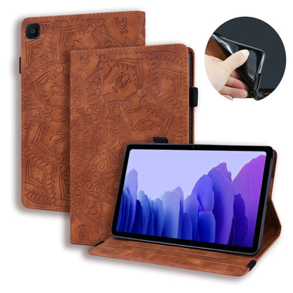 Brown embossed leather-style tablet case with flip cover, kickstand, card slots, photo frame holder