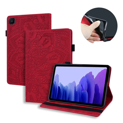 Red embossed leather-style tablet case with flip cover, kickstand, card slots, photo frame holder