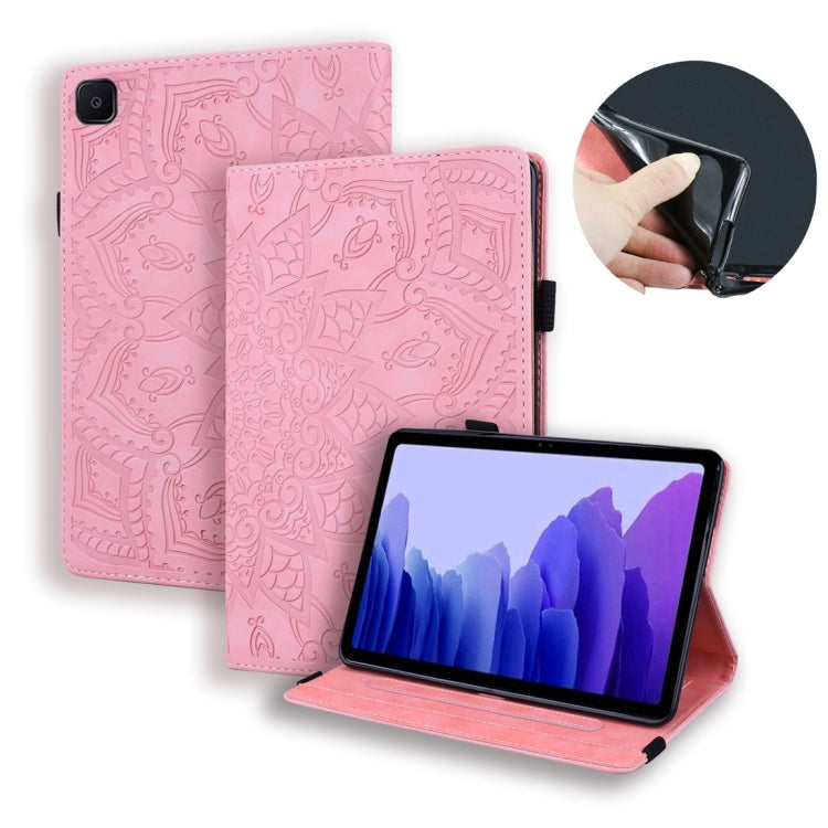 Pink embossed leather-style tablet case with flip cover, kickstand, card slots, photo frame holder