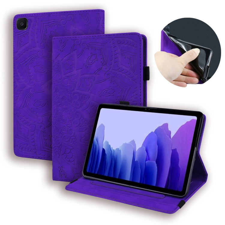 Purple embossed leather-style tablet case with flip cover, stand, card slots, photo frame holder