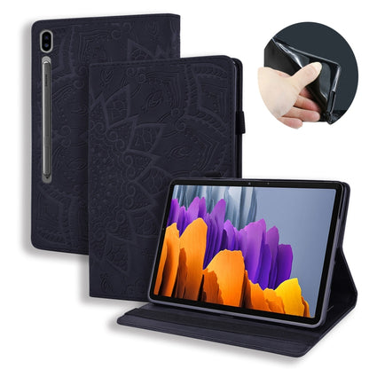 Black embossed leather-style tablet case with flip cover, kickstand, card slots, photo frame holder