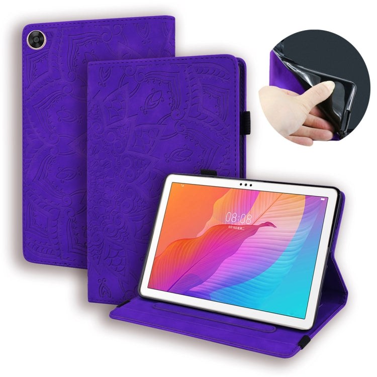 Purple embossed leather folio tablet case with horizontal flip stand and camera cutout