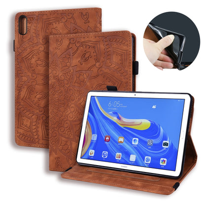 Brown embossed leather folio tablet case with horizontal flip stand and camera cutout