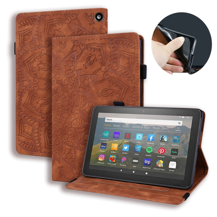 Cognac-brown embossed leather folio tablet case with horizontal flip stand and camera cutout