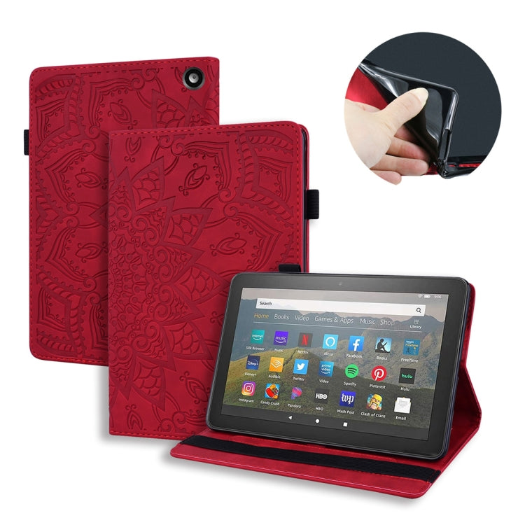 Red embossed leather folio tablet case with horizontal flip stand and camera cutout