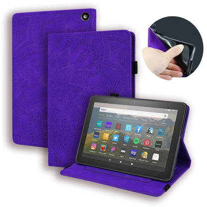 Purple embossed leather folio tablet case with horizontal flip stand and camera cutout