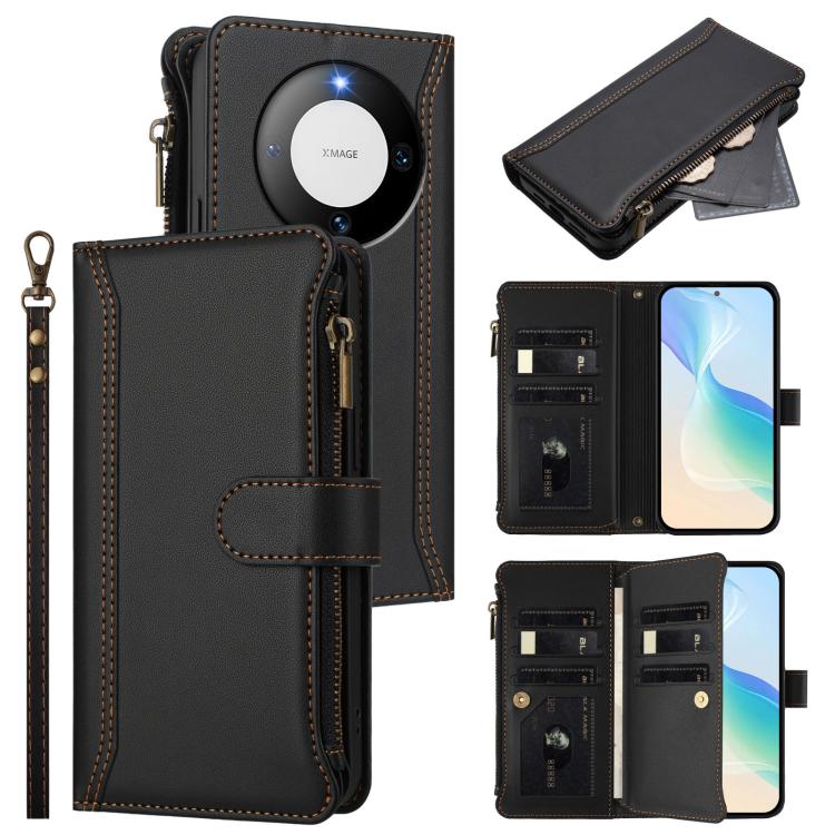 Magnetic Closure 9 Card Slots Zipper Leather Case with Hand Strap, For Huawei nova 12s 4G Global, For Huawei Pura 70, For Huawei Mate 60 Pro / 60 Pro+, For Huawei Mate 60, For Huawei P60 Art, For Huawei P60 / P60 Pro, For Huawei Enjoy 50 Pro 4G        ...