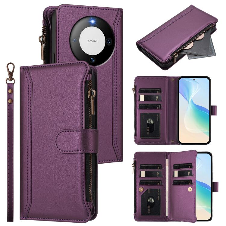 Magnetic Closure 9 Card Slots Zipper Leather Case with Hand Strap, For Huawei nova 12s 4G Global, For Huawei Pura 70, For Huawei Mate 60 Pro / 60 Pro+, For Huawei Mate 60, For Huawei P60 Art, For Huawei P60 / P60 Pro, For Huawei Enjoy 50 Pro 4G        ...