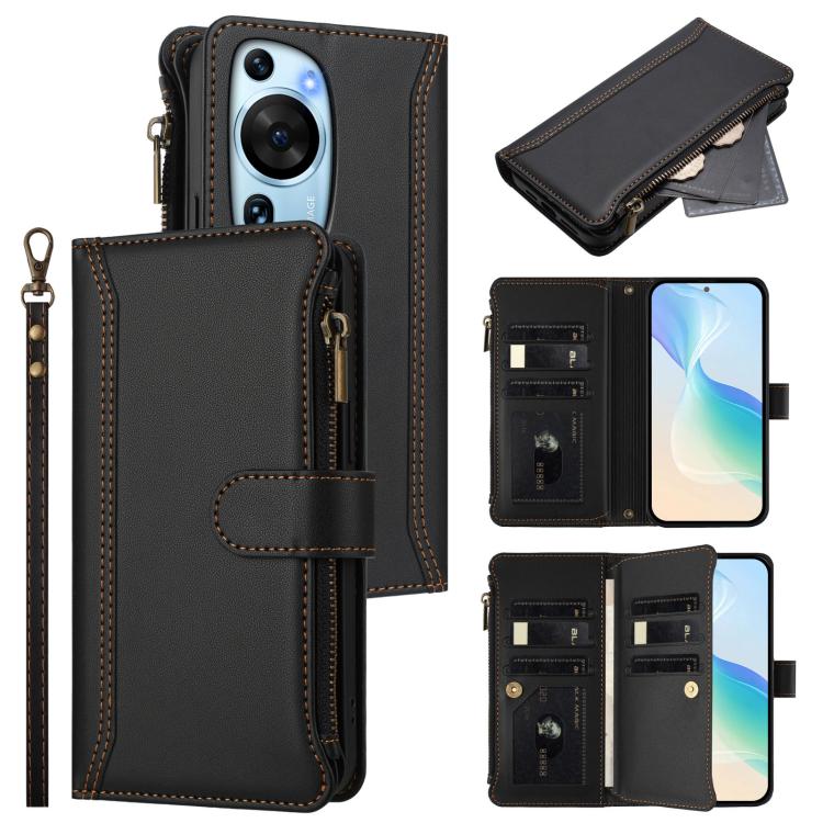Magnetic Closure 9 Card Slots Zipper Leather Case with Hand Strap, For Huawei nova 12s 4G Global, For Huawei Pura 70, For Huawei Mate 60 Pro / 60 Pro+, For Huawei Mate 60, For Huawei P60 Art, For Huawei P60 / P60 Pro, For Huawei Enjoy 50 Pro 4G        ...