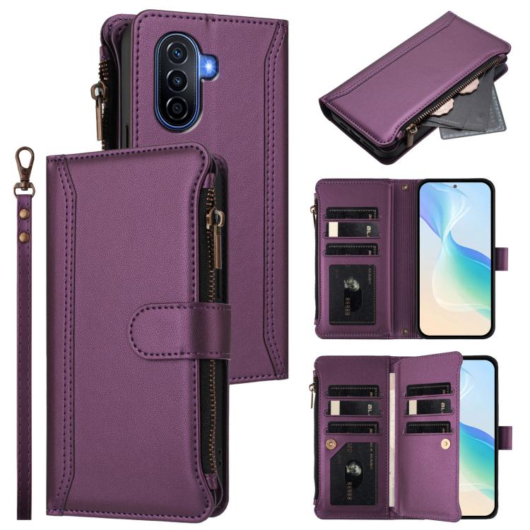 Magnetic Closure 9 Card Slots Zipper Leather Case with Hand Strap, For Huawei nova 12s 4G Global, For Huawei Pura 70, For Huawei Mate 60 Pro / 60 Pro+, For Huawei Mate 60, For Huawei P60 Art, For Huawei P60 / P60 Pro, For Huawei Enjoy 50 Pro 4G        ...