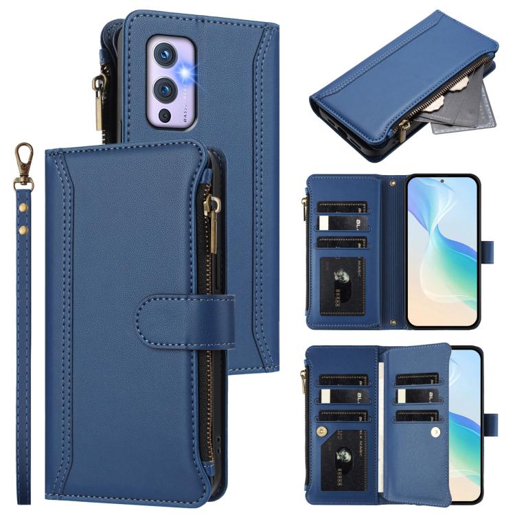 Magnetic Closure 9 Card Slots Zipper Leather Case with Hand Strap, For OnePlus 9 Pro, For OnePlus 9