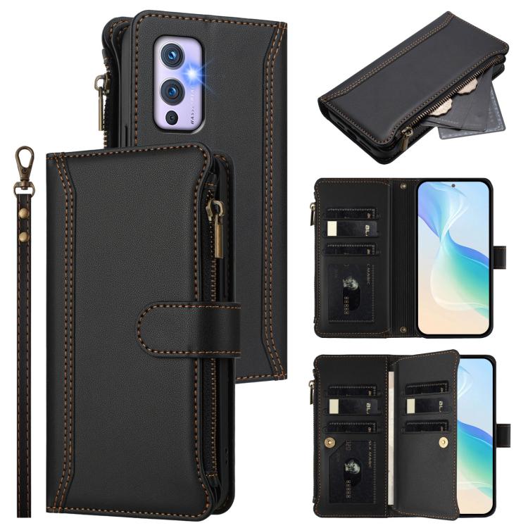 Magnetic Closure 9 Card Slots Zipper Leather Case with Hand Strap, For OnePlus 9 Pro, For OnePlus 9