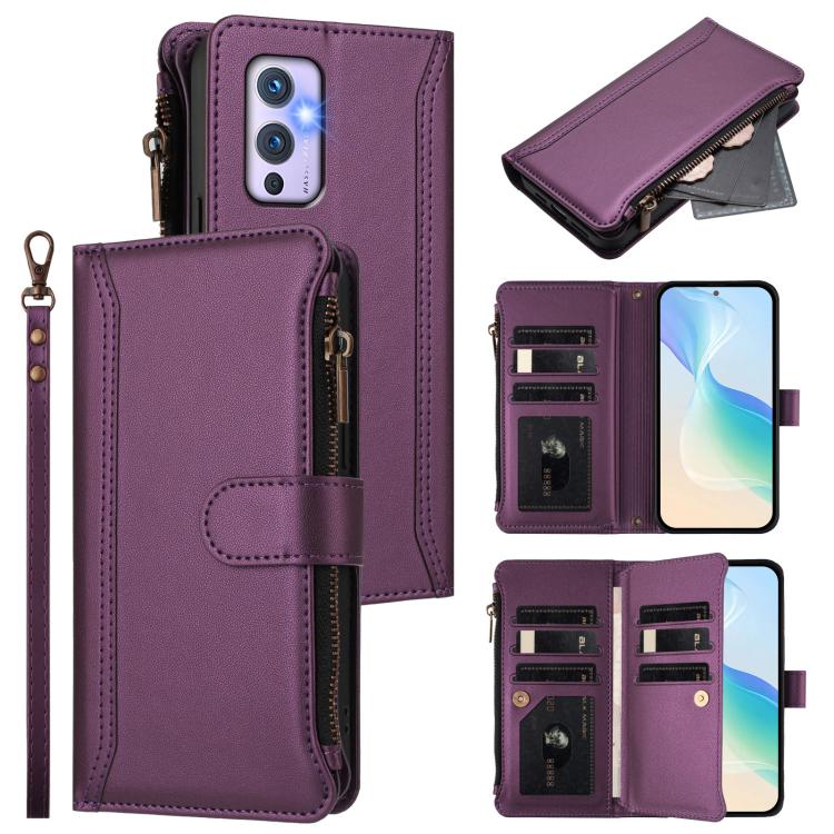 Magnetic Closure 9 Card Slots Zipper Leather Case with Hand Strap, For OnePlus 9 Pro, For OnePlus 9