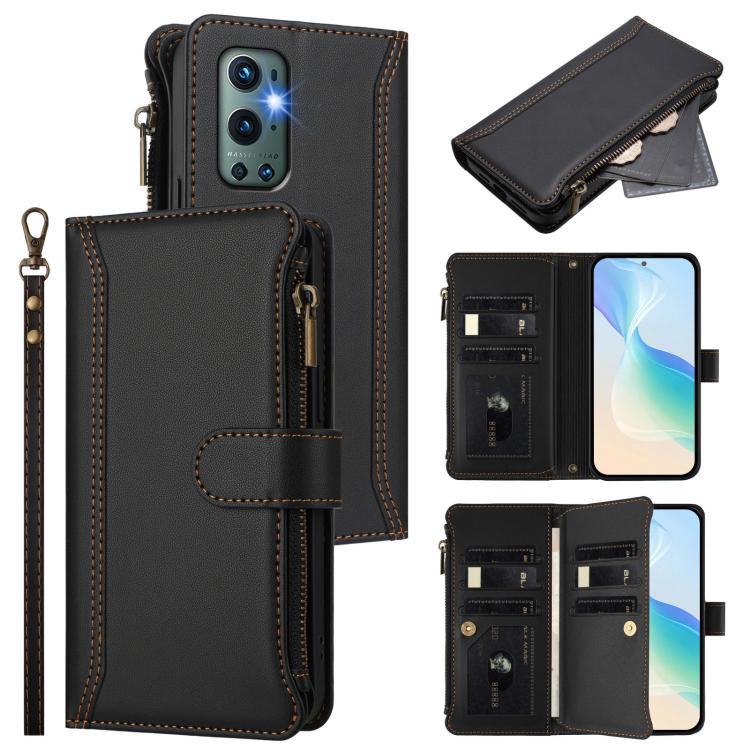 Magnetic Closure 9 Card Slots Zipper Leather Case with Hand Strap, For OnePlus 9 Pro, For OnePlus 9