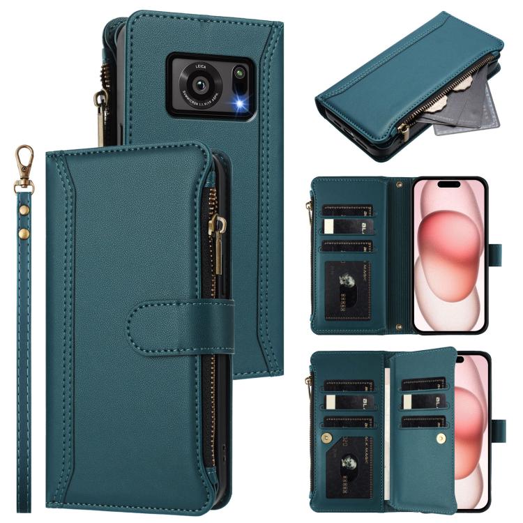 Magnetic Closure 9 Card Slots Zipper Leather Case with Hand Strap, For Sharp Aquos wish6, For Sharp Aquos R11, For Sharp Aquos Sense10, For Sharp Aquos R10, For Sharp Aquos wish5, For Sharp Aquos sense9 Plus, For Sharp Aquos sense9, For Sharp Aquos R9 ...