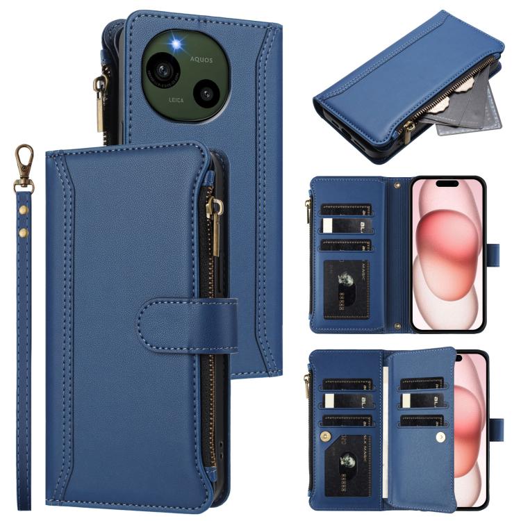 Magnetic Closure 9 Card Slots Zipper Leather Case with Hand Strap, For Sharp Aquos wish6, For Sharp Aquos R11, For Sharp Aquos Sense10, For Sharp Aquos R10, For Sharp Aquos wish5, For Sharp Aquos sense9 Plus, For Sharp Aquos sense9, For Sharp Aquos R9 ...
