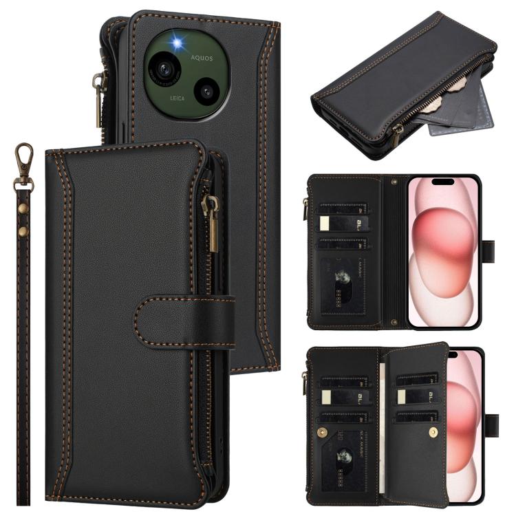 Magnetic Closure 9 Card Slots Zipper Leather Case with Hand Strap, For Sharp Aquos wish6, For Sharp Aquos R11, For Sharp Aquos Sense10, For Sharp Aquos R10, For Sharp Aquos wish5, For Sharp Aquos sense9 Plus, For Sharp Aquos sense9, For Sharp Aquos R9 ...