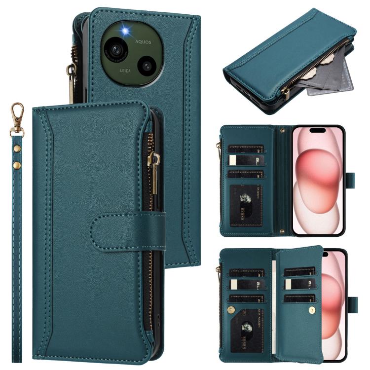 Magnetic Closure 9 Card Slots Zipper Leather Case with Hand Strap, For Sharp Aquos wish6, For Sharp Aquos R11, For Sharp Aquos Sense10, For Sharp Aquos R10, For Sharp Aquos wish5, For Sharp Aquos sense9 Plus, For Sharp Aquos sense9, For Sharp Aquos R9 ...