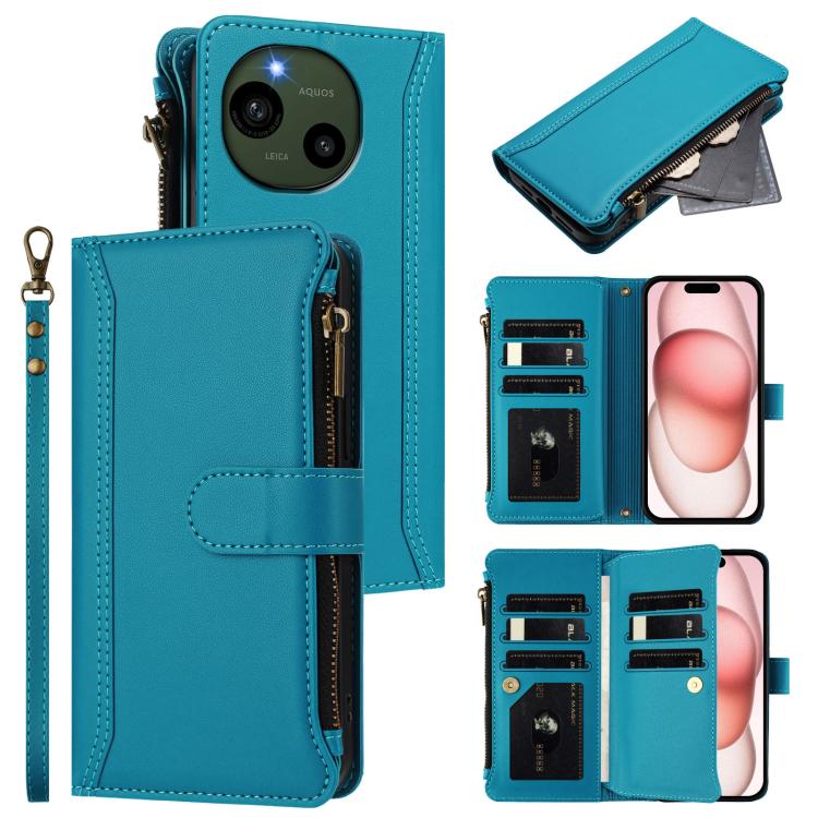Magnetic Closure 9 Card Slots Zipper Leather Case with Hand Strap, For Sharp Aquos wish6, For Sharp Aquos R11, For Sharp Aquos Sense10, For Sharp Aquos R10, For Sharp Aquos wish5, For Sharp Aquos sense9 Plus, For Sharp Aquos sense9, For Sharp Aquos R9 ...