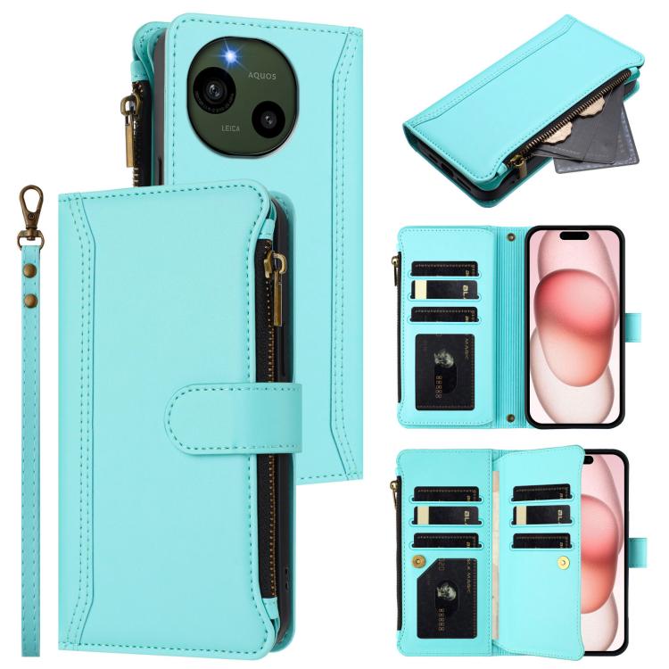 Magnetic Closure 9 Card Slots Zipper Leather Case with Hand Strap, For Sharp Aquos wish6, For Sharp Aquos R11, For Sharp Aquos Sense10, For Sharp Aquos R10, For Sharp Aquos wish5, For Sharp Aquos sense9 Plus, For Sharp Aquos sense9, For Sharp Aquos R9 ...